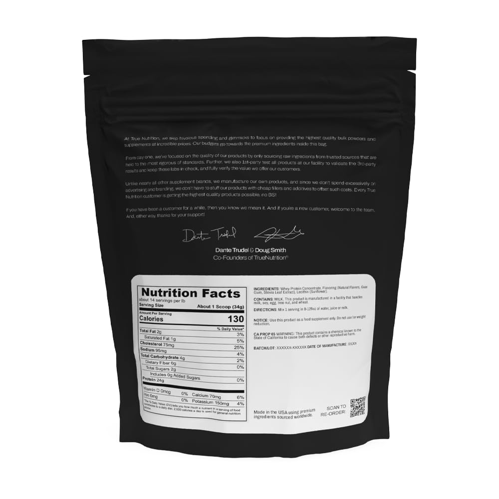 True Nutrition whey protein concentrate vanilla tub back label highlights nutrition details