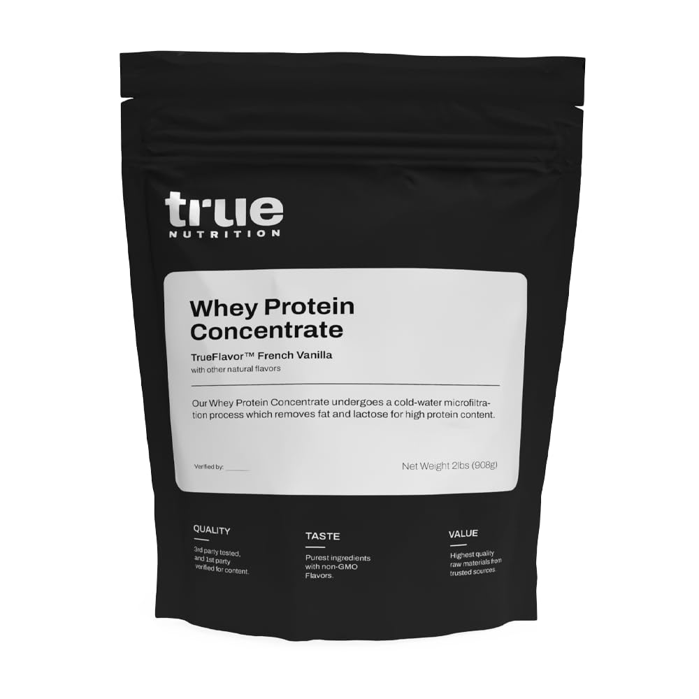 True Nutrition whey protein concentrate vanilla tub front shows clean, premium formula for post-workout nutrition