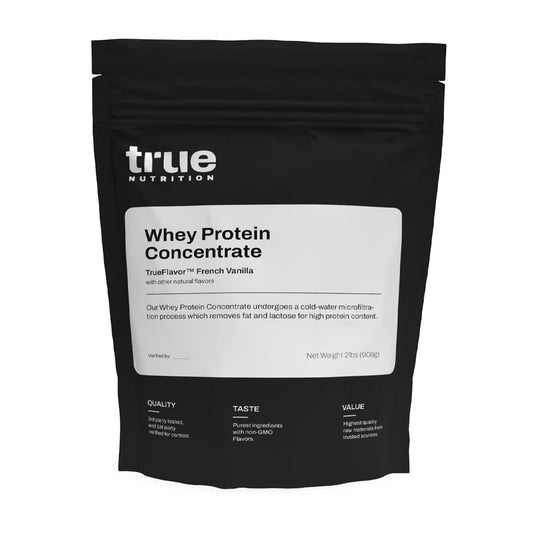 True Nutrition whey protein concentrate vanilla tub front shows clean, premium formula for post-workout nutrition