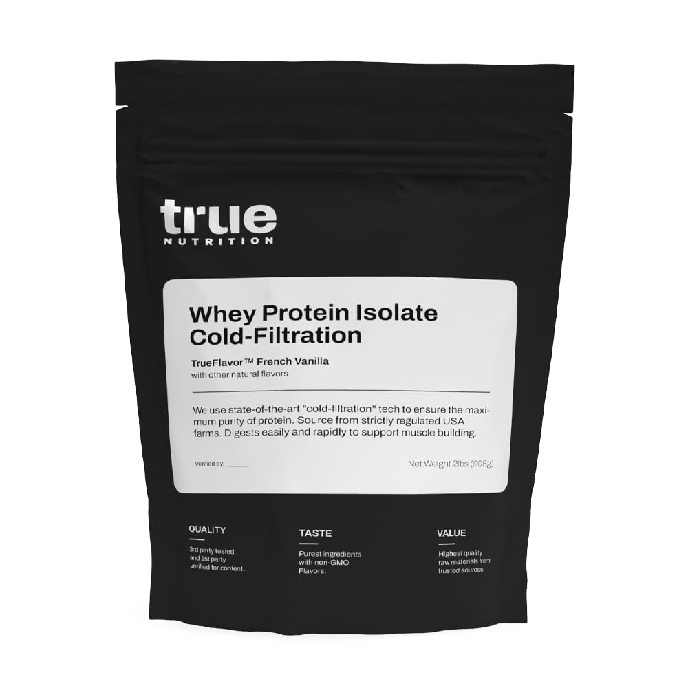 True Nutrition Whey Protein Isolate Cold-Filtration bottle highlighting premium protein and clean formula