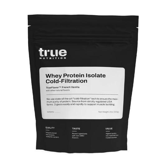 True Nutrition Whey Protein Isolate Cold-Filtration bottle highlighting premium protein and clean formula