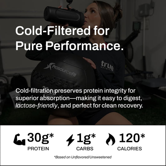 True Nutrition Whey Isolate bottle pouring, convenient post-workout option.