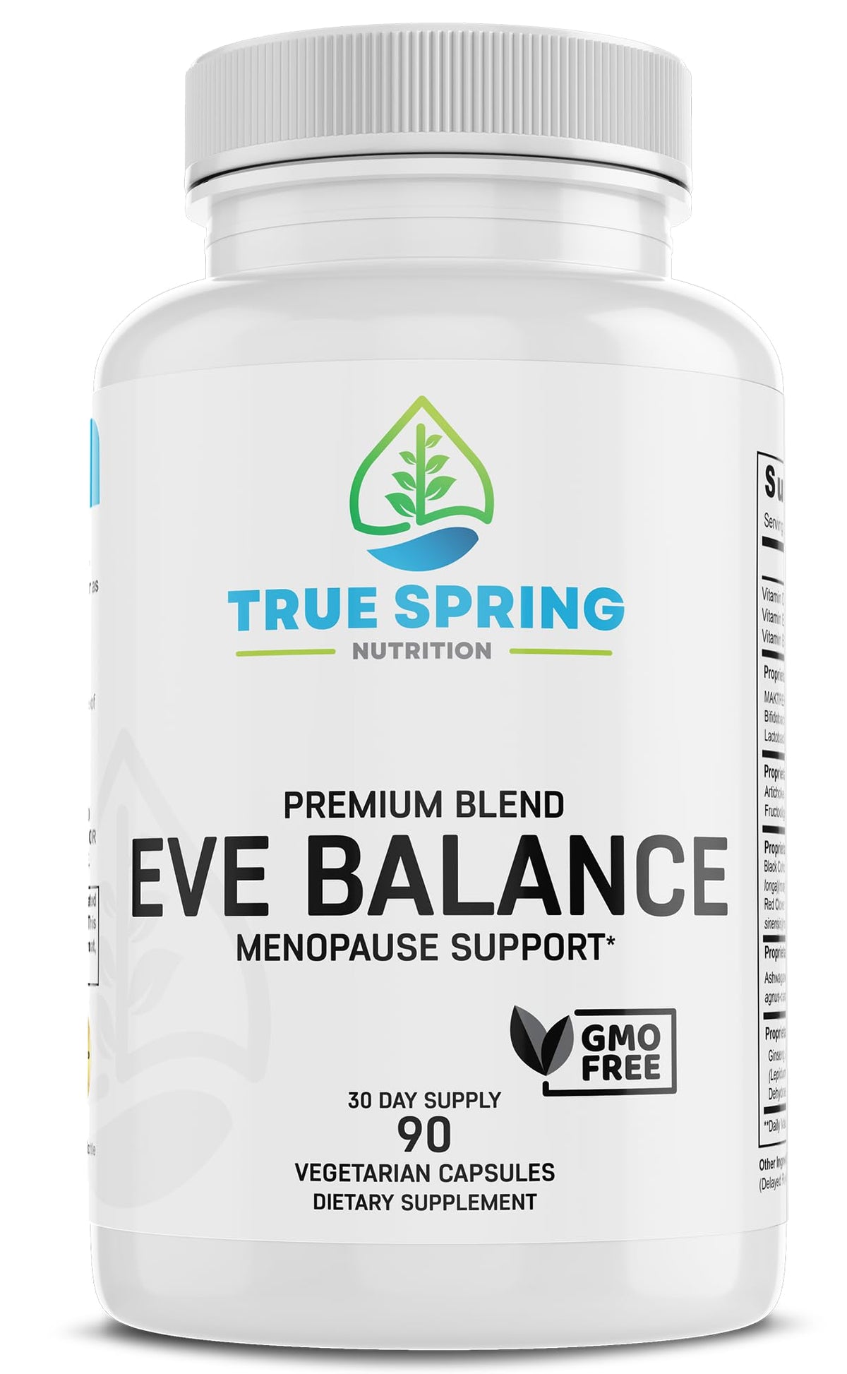 True Spring Eve Balance bottle label highlighting menopause support and premium blend