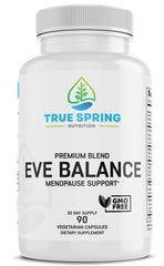 True Spring Eve Balance bottle label highlighting menopause support and premium blend
