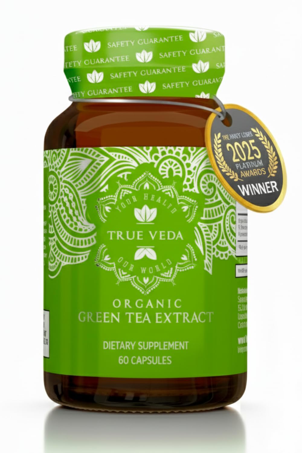 True Veda Green Tea Extract bottle highlighting vegan organic formula