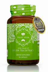 True Veda Green Tea Extract bottle highlighting vegan organic formula