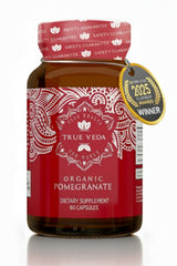 True Veda Organic Pomegranate Extract bottle highlights potent punicalagins.