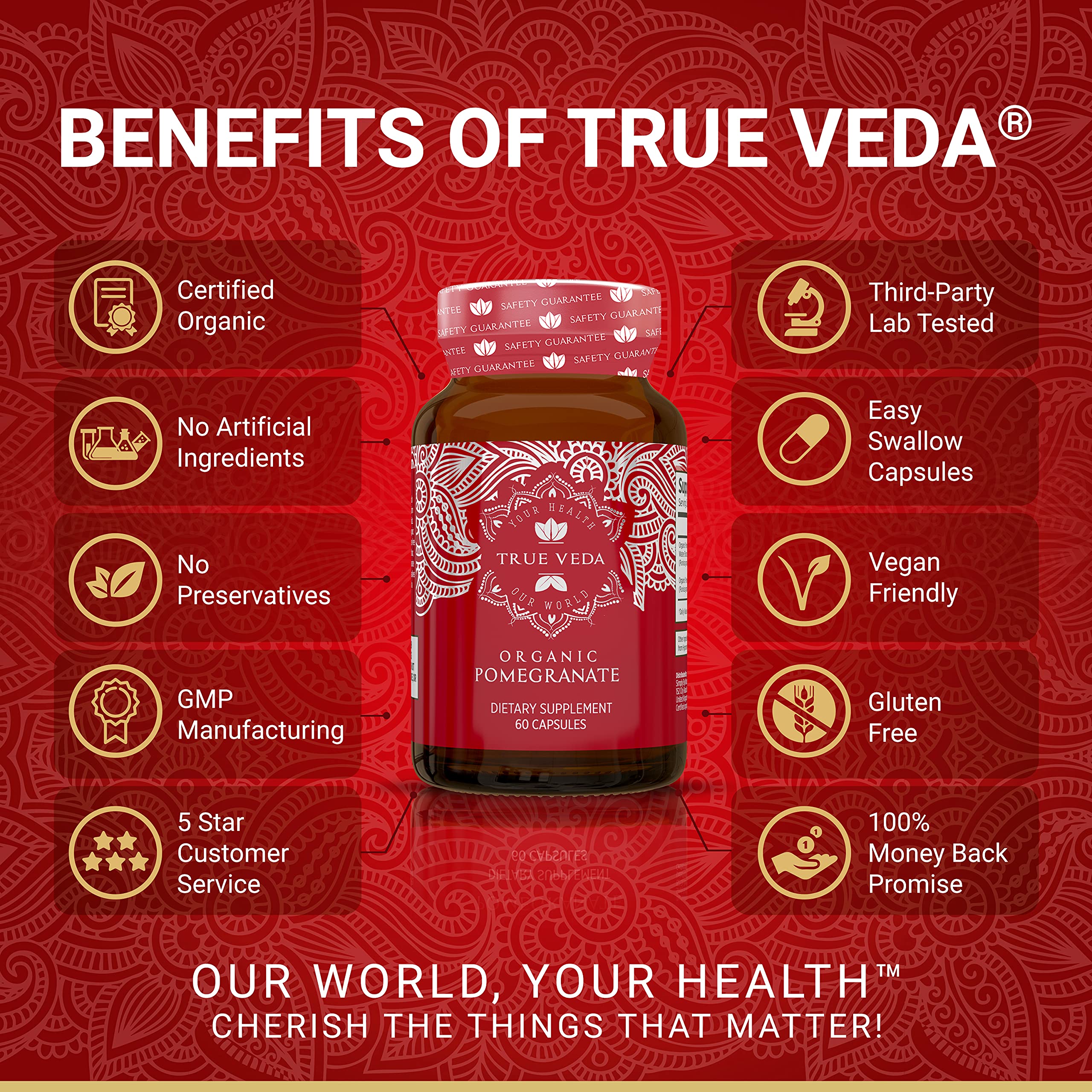 True Veda Organic Pomegranate Extract label emphasizes USDA Organic certification.