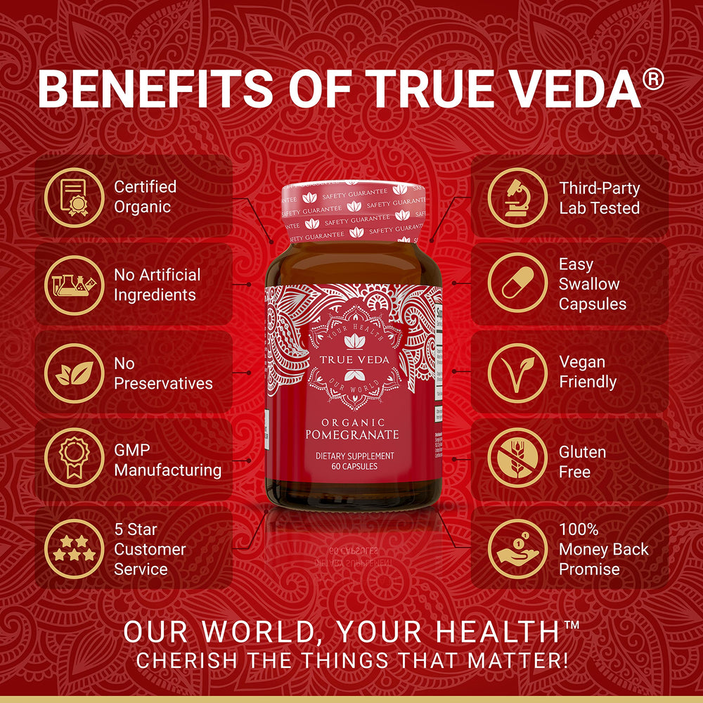 True Veda Organic Pomegranate Extract label emphasizes USDA Organic certification.