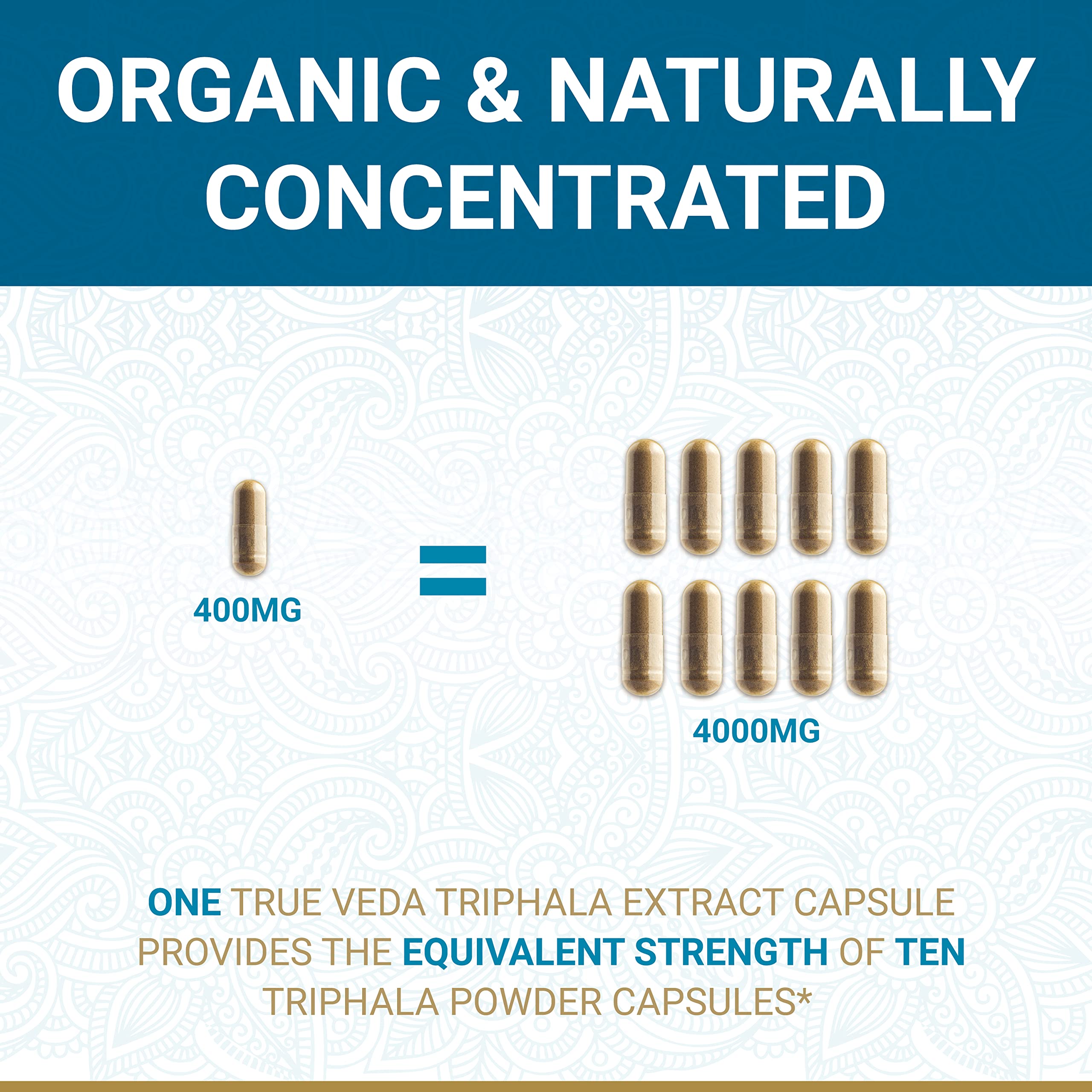 Close-up of True Veda Triphala bottle label highlighting USDA Organic certification.