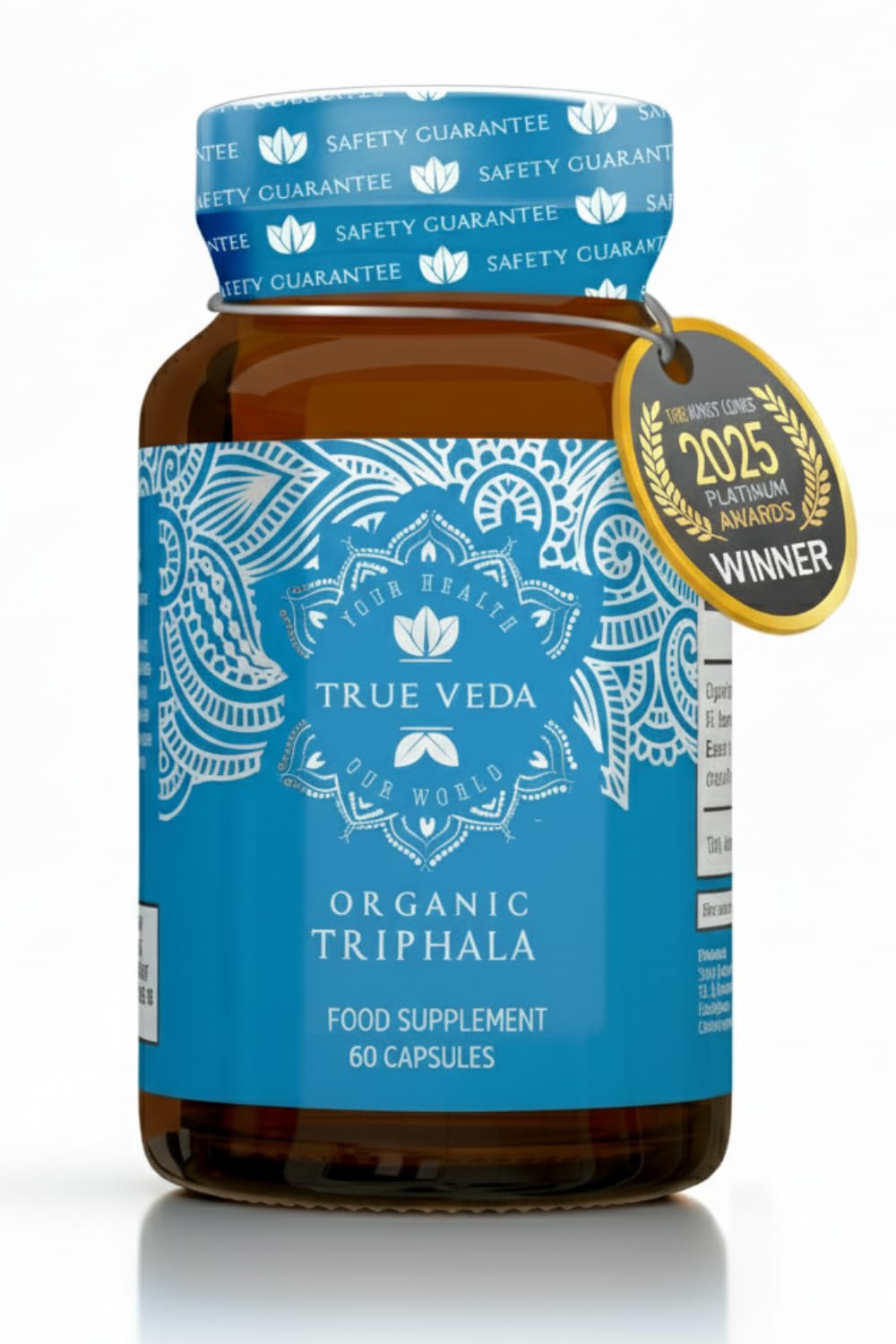 True Veda Triphala capsules in a bottle, organic formulation for gentle digestion.