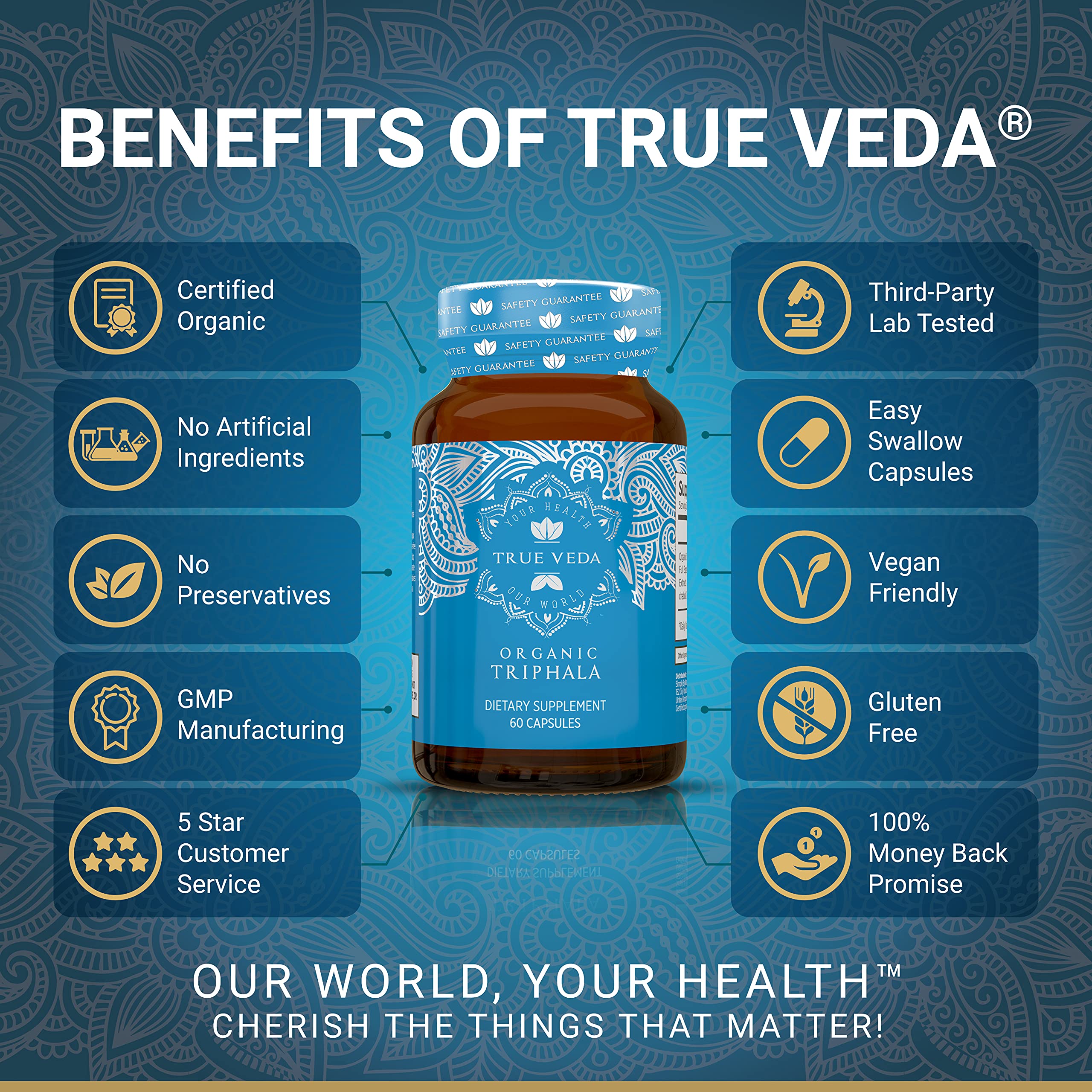 True Veda Triphala powder shows organic blend for digestive balance.