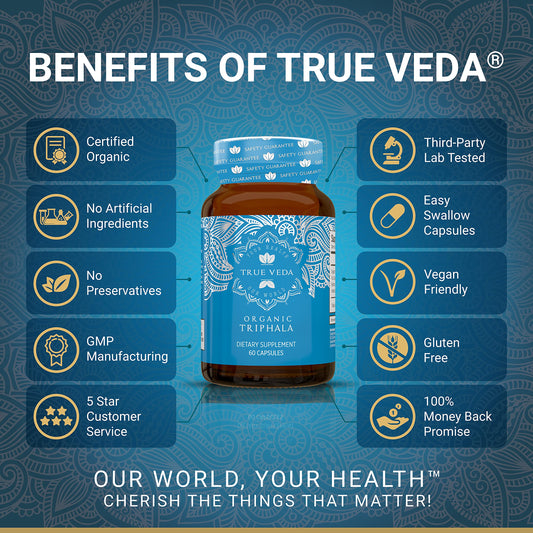 True Veda Triphala powder shows organic blend for digestive balance.
