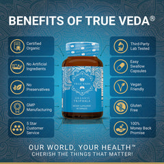 True Veda Triphala powder shows organic blend for digestive balance.