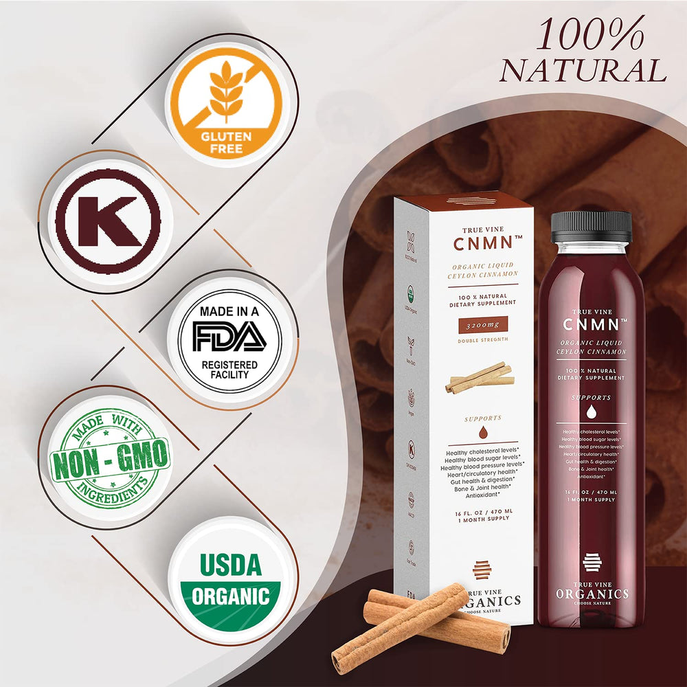 True Vine cinnamon bottle side angle against clean kitchen backdrop for everyday supplementation.
