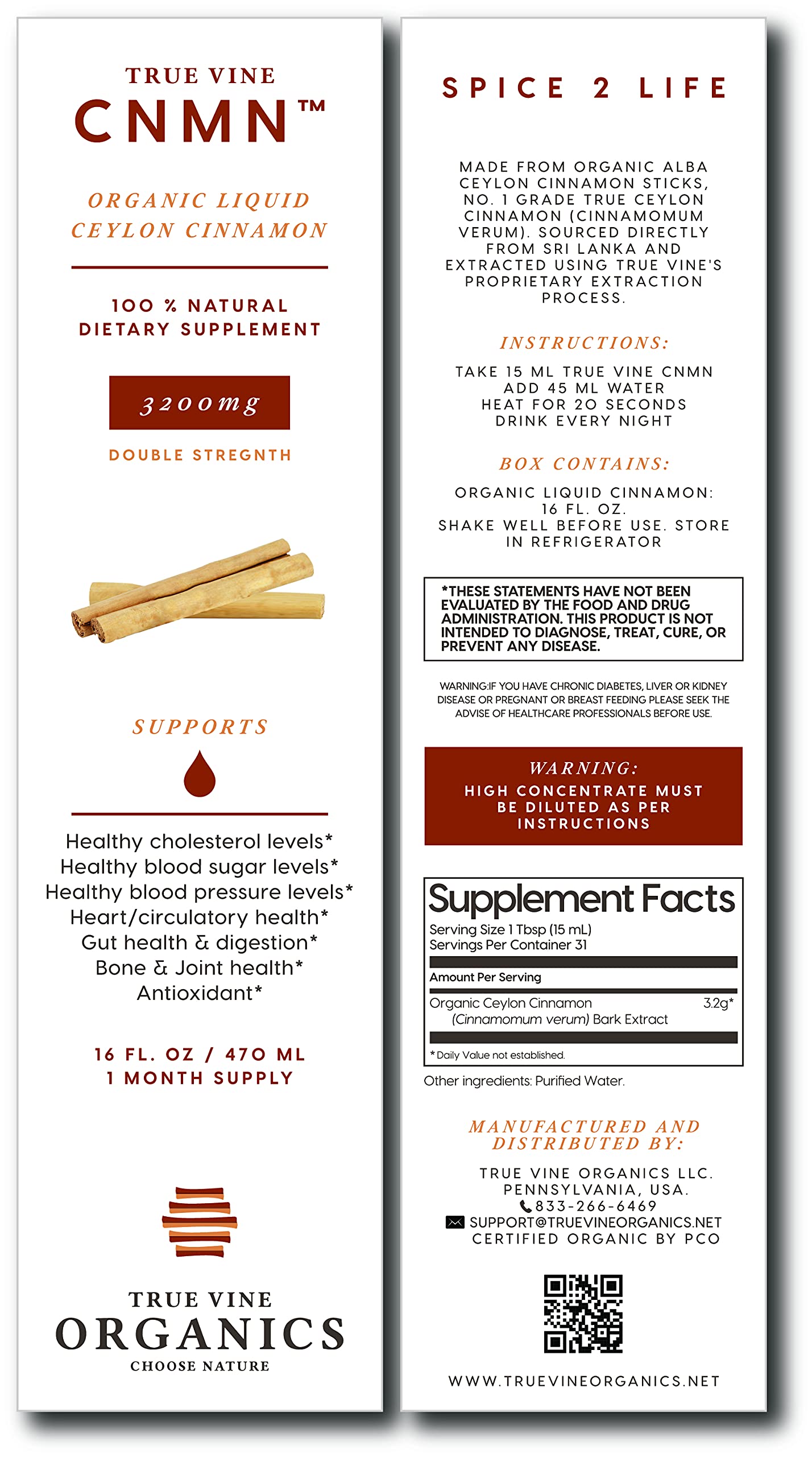 True Vine cinnamon extract bottle beside fresh spices for culinary and wellness routines.