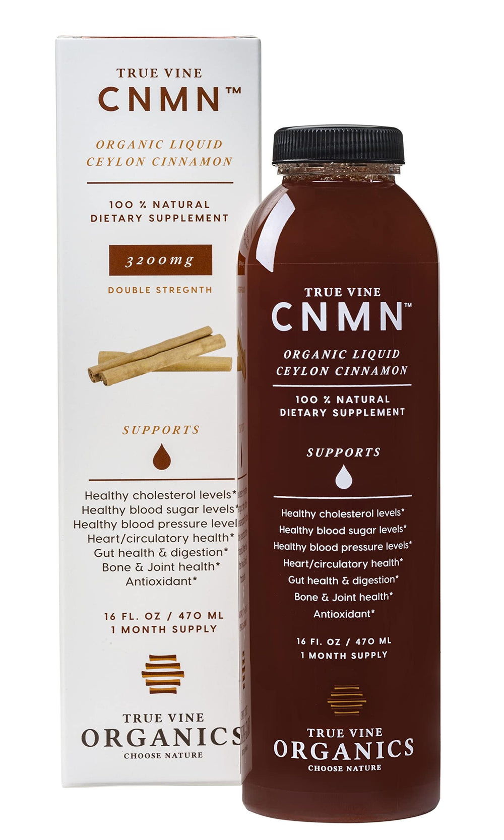 True Vine organic cinnamon oil illustration on product label hints at natural benefits.
