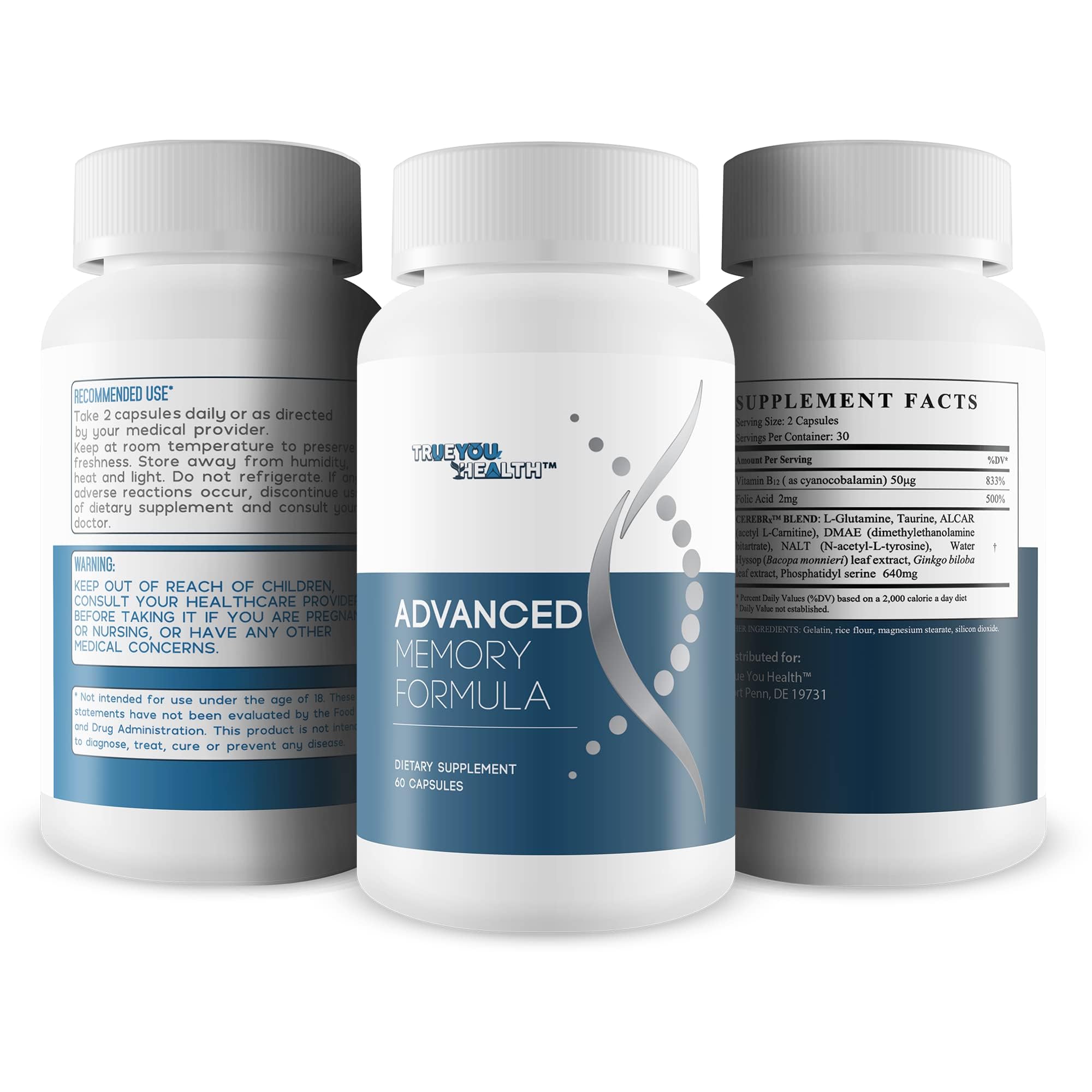 Pouring Advanced Memory Formula capsules from the True You Health bottle