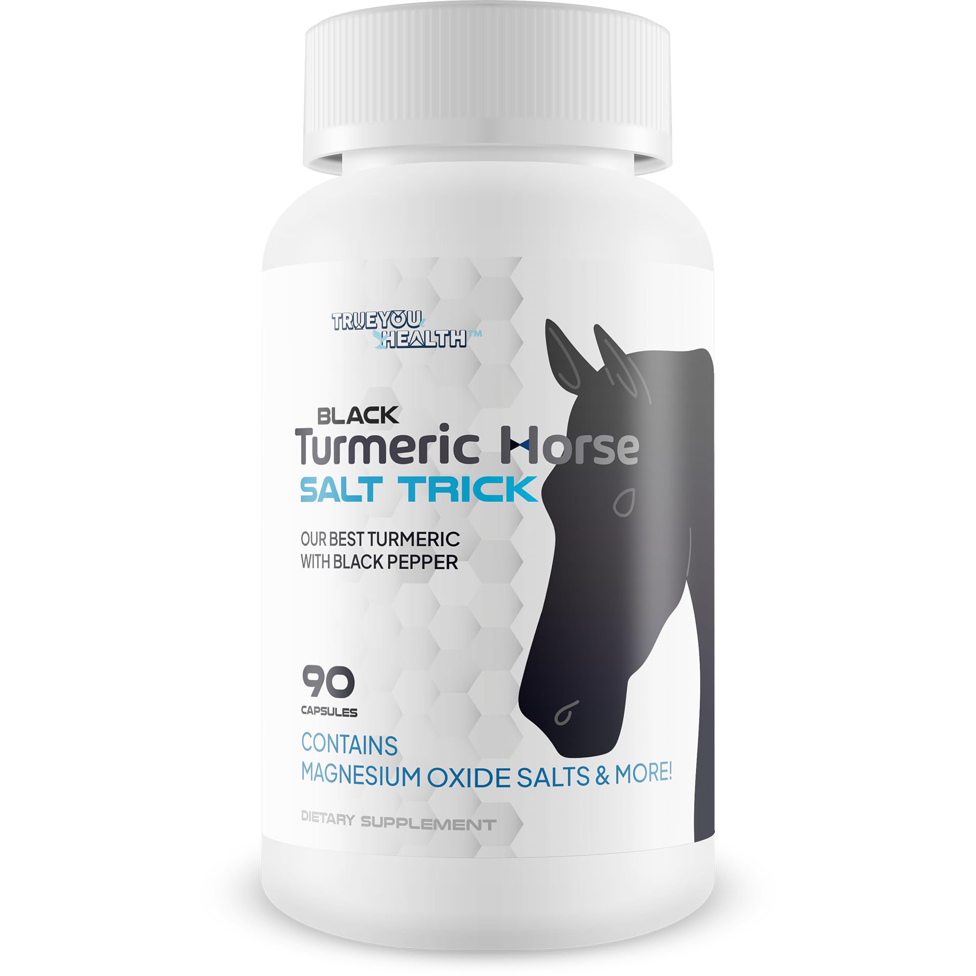 True You Health Black Turmeric Horse Salt Trick bottle highlighting the golden blend and immune support potential.