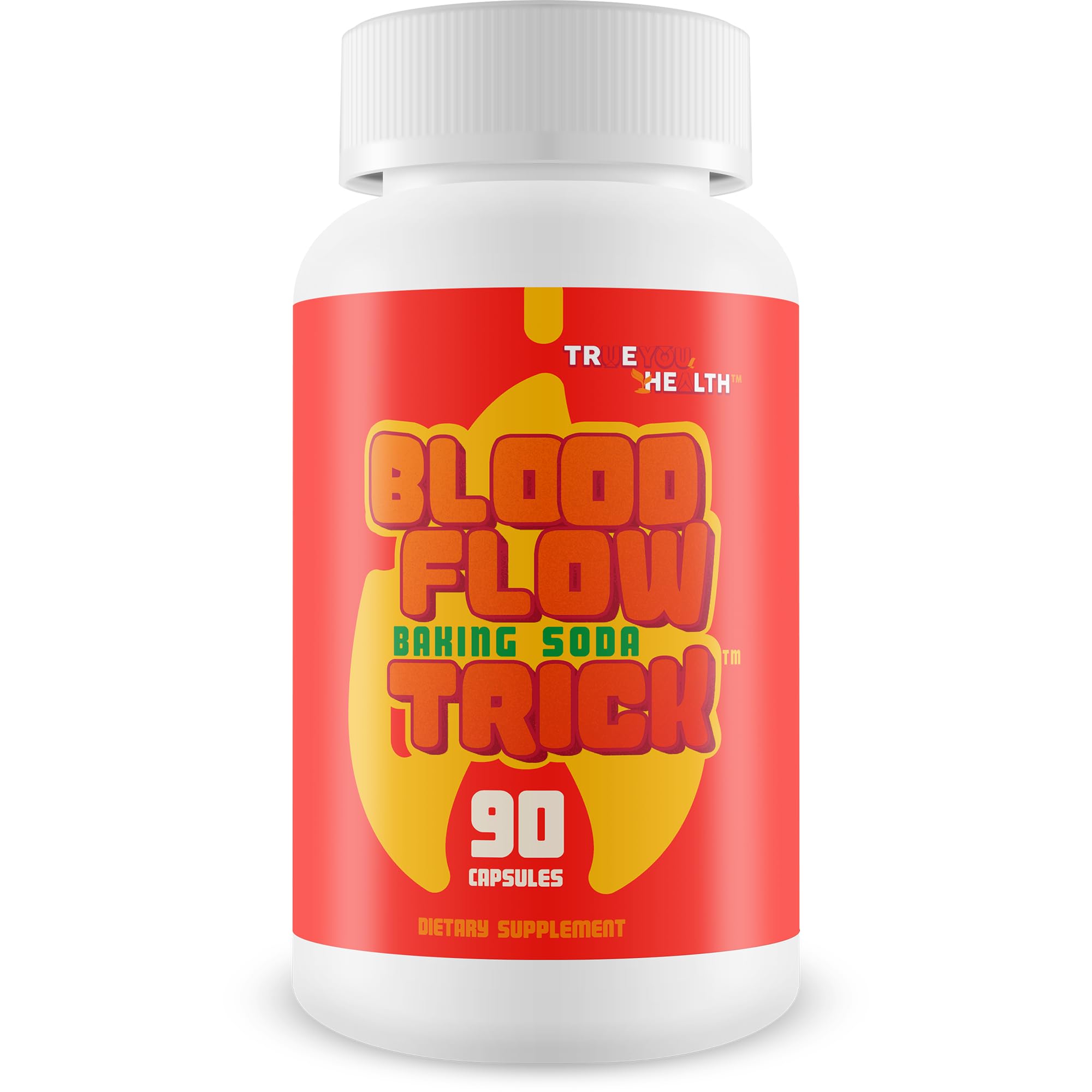 True You Health Blood Flow Baking Soda Trick pills bottle for daily circulation support.