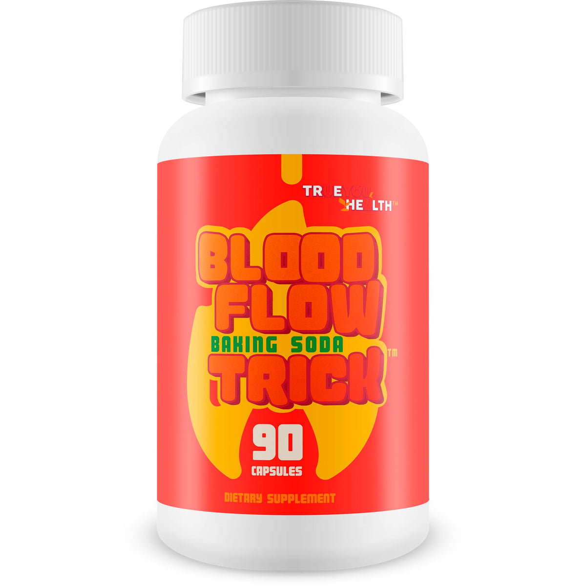 True You Health Blood Flow Baking Soda Trick pills bottle for daily circulation support.