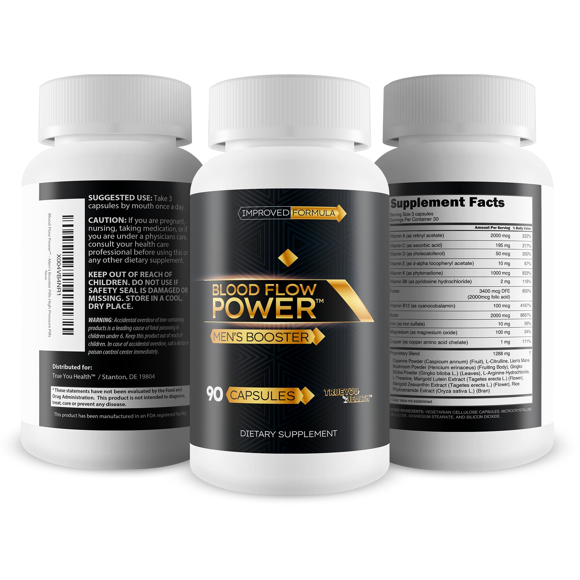 True You Health Blood Flow Power capsules in hand suggesting easy daily use.