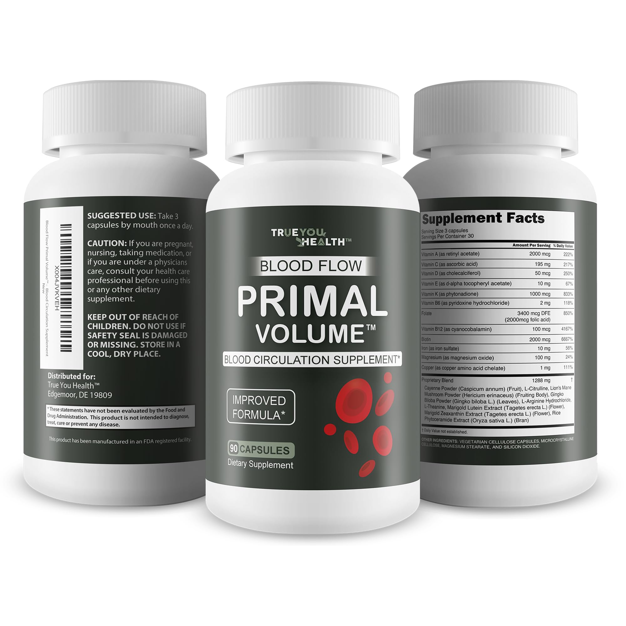 True You Health Blood Flow Primal Volume label emphasizes ingredients list and benefits