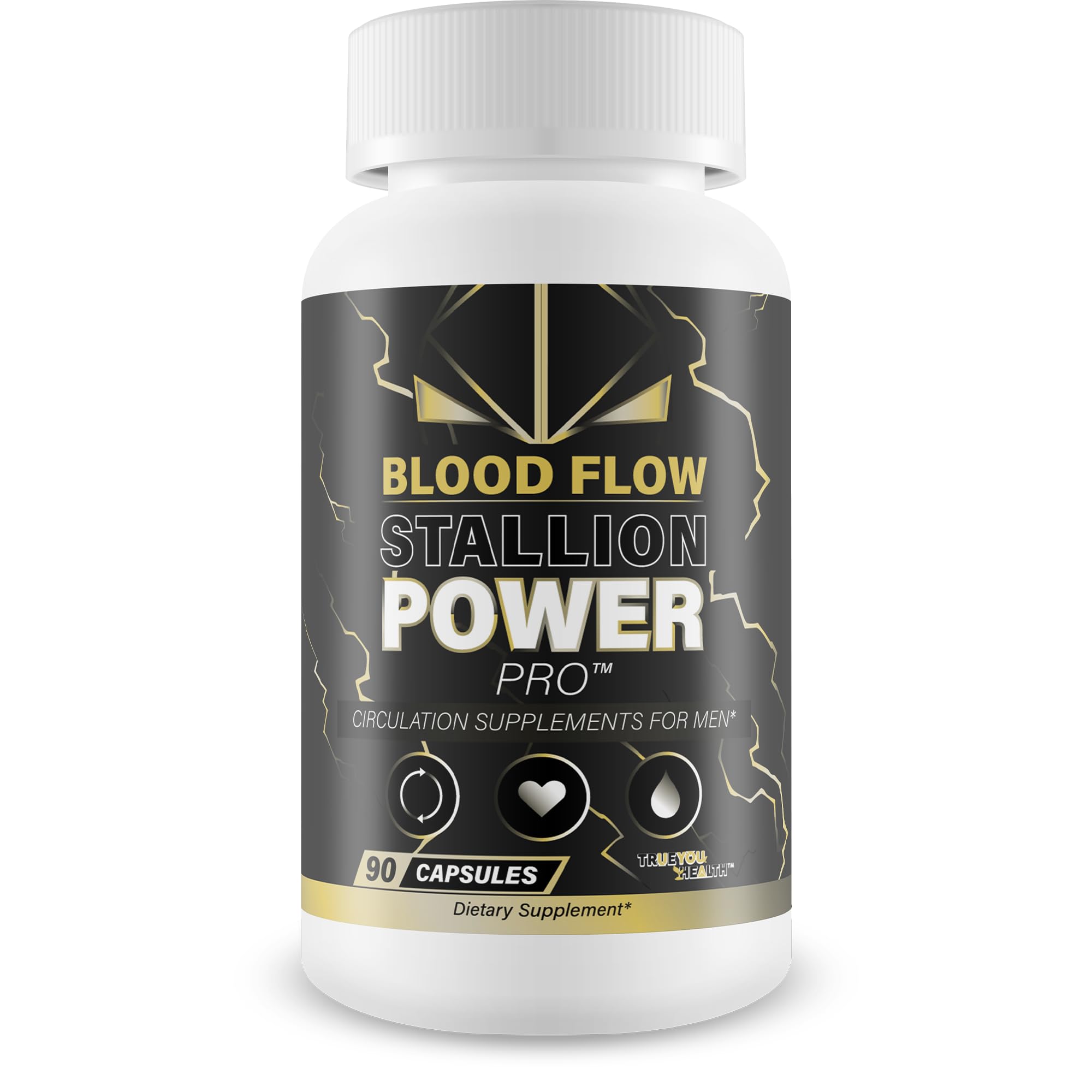 True You Health Blood Flow Stallion Power Pro bottle showing daily circulation support for men