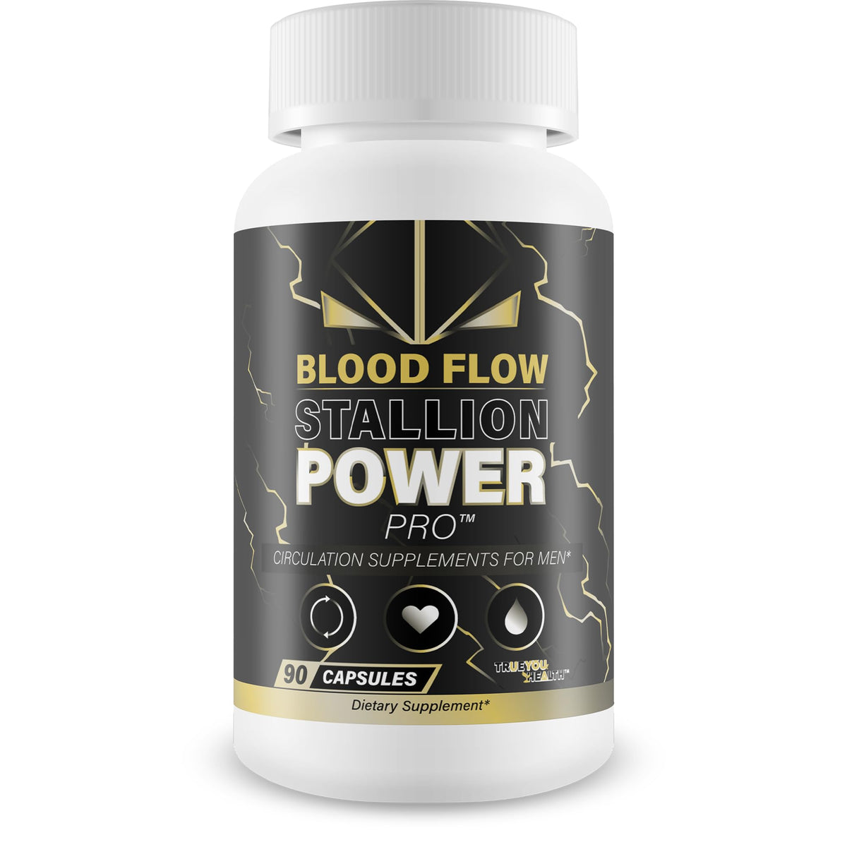 True You Health Blood Flow Stallion Power Pro bottle showing daily circulation support for men