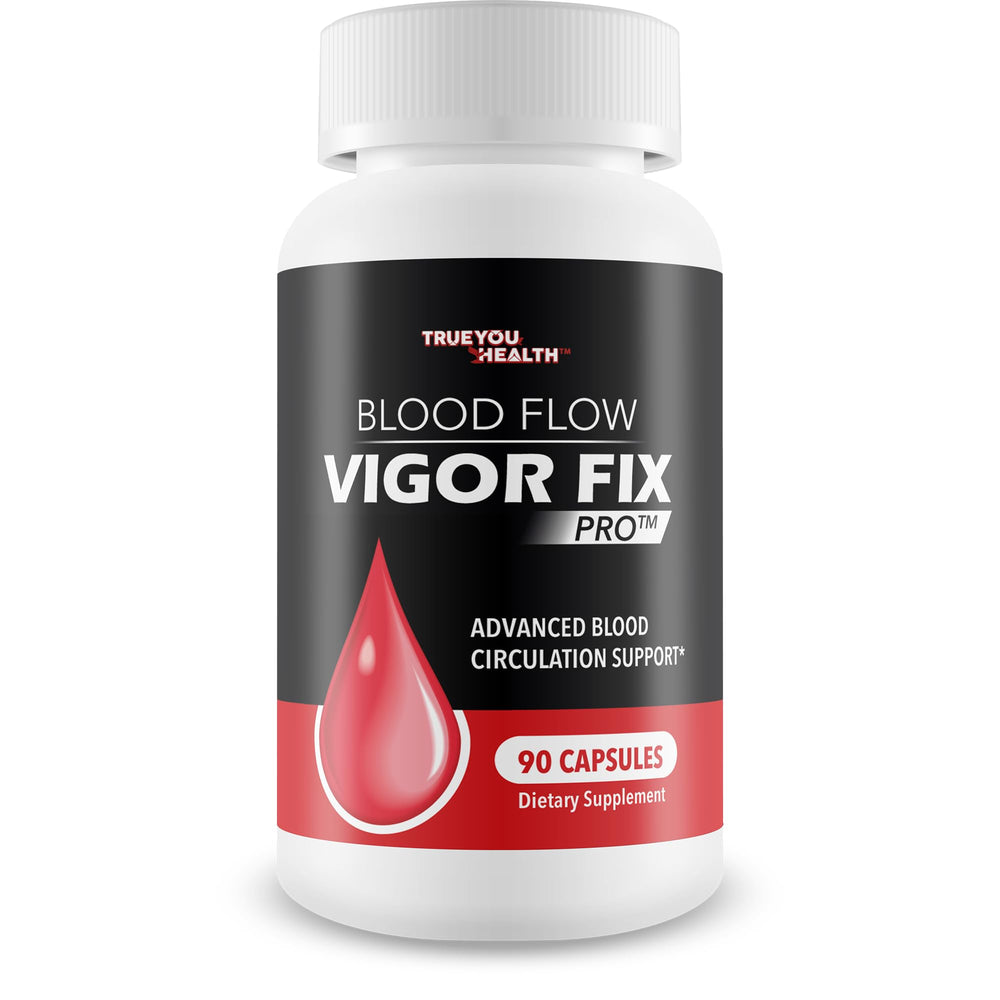 True You Health Blood Flow Vigor Fix Pro bottle closeup highlighting circulation support