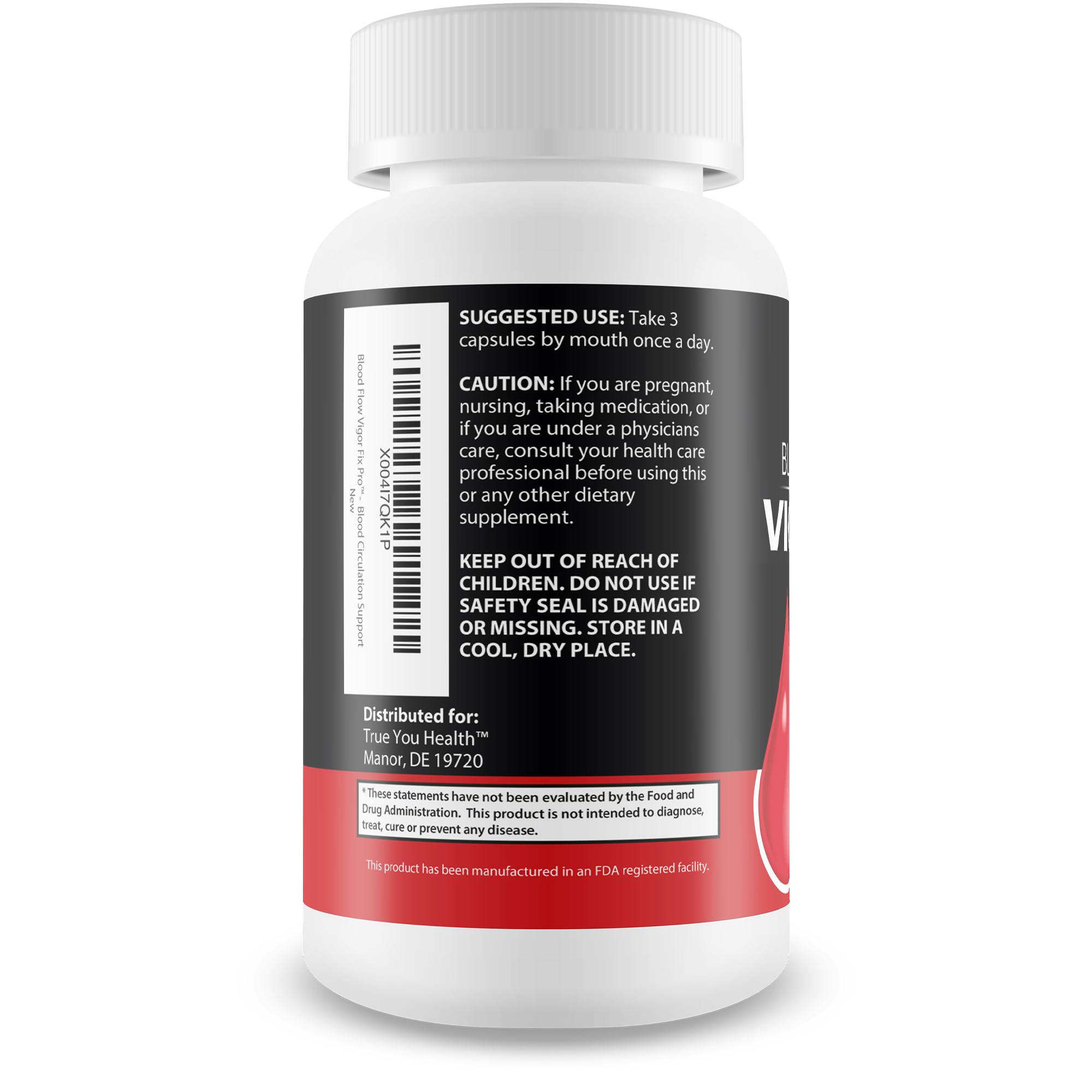 True You Health Blood Flow Vigor Fix Pro label detail emphasizing quality and USA manufacturing