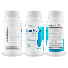 Blue Horse Salt Trick bottle label close-up highlighting magnesium and nitric oxide booster.