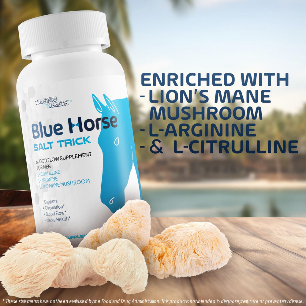 True You Health Blue Horse Salt Trick bottle back showing dosage directions for daily circulation support.