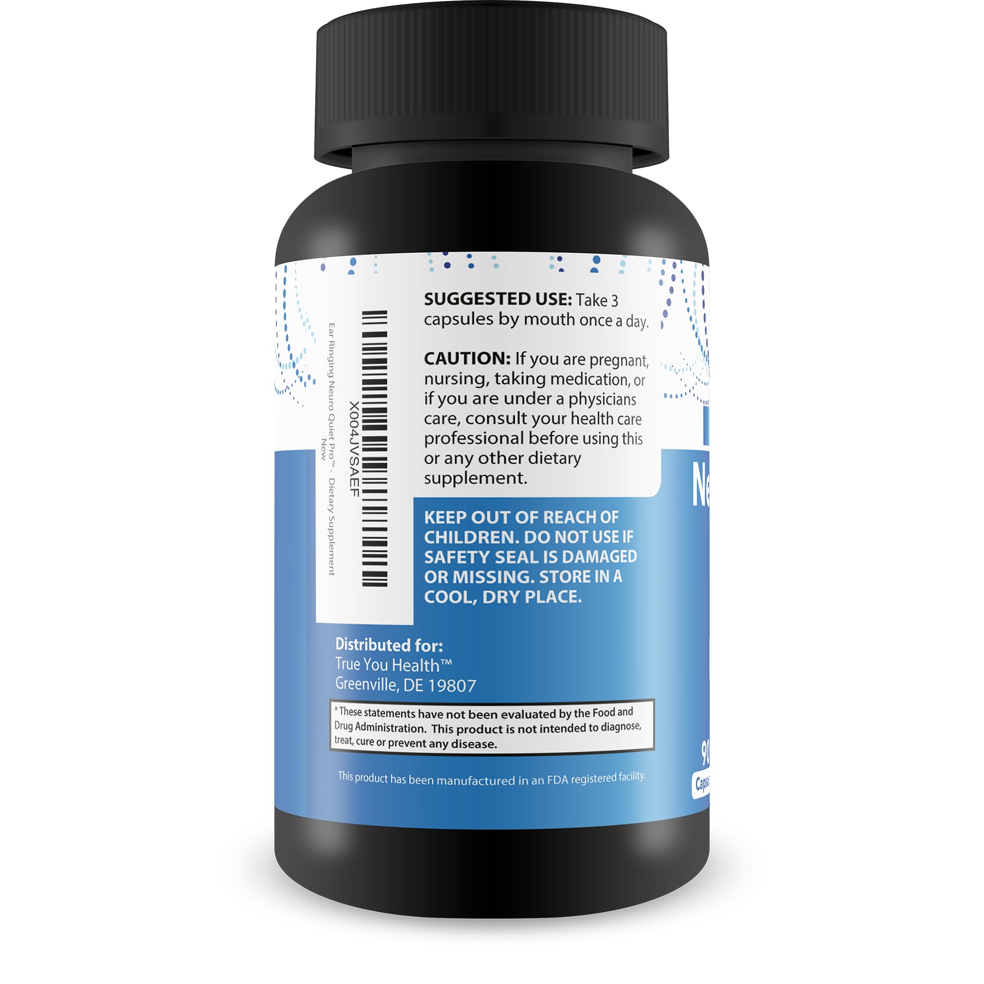 Close-up of True You Health Ear Ringing Neuro Quiet Pro capsules for daily use