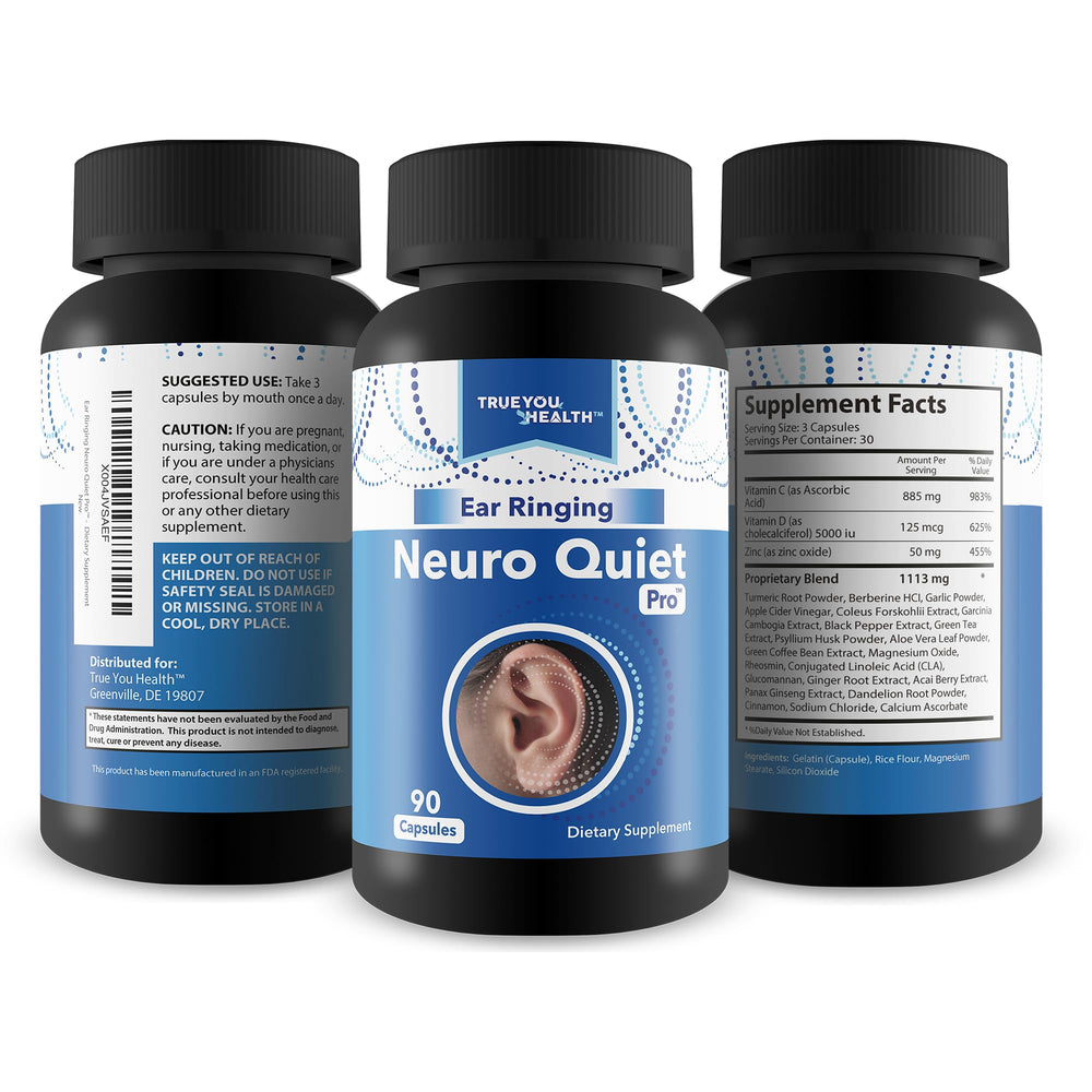 Label close-up of True You Health Ear Ringing Neuro Quiet Pro with quality cues