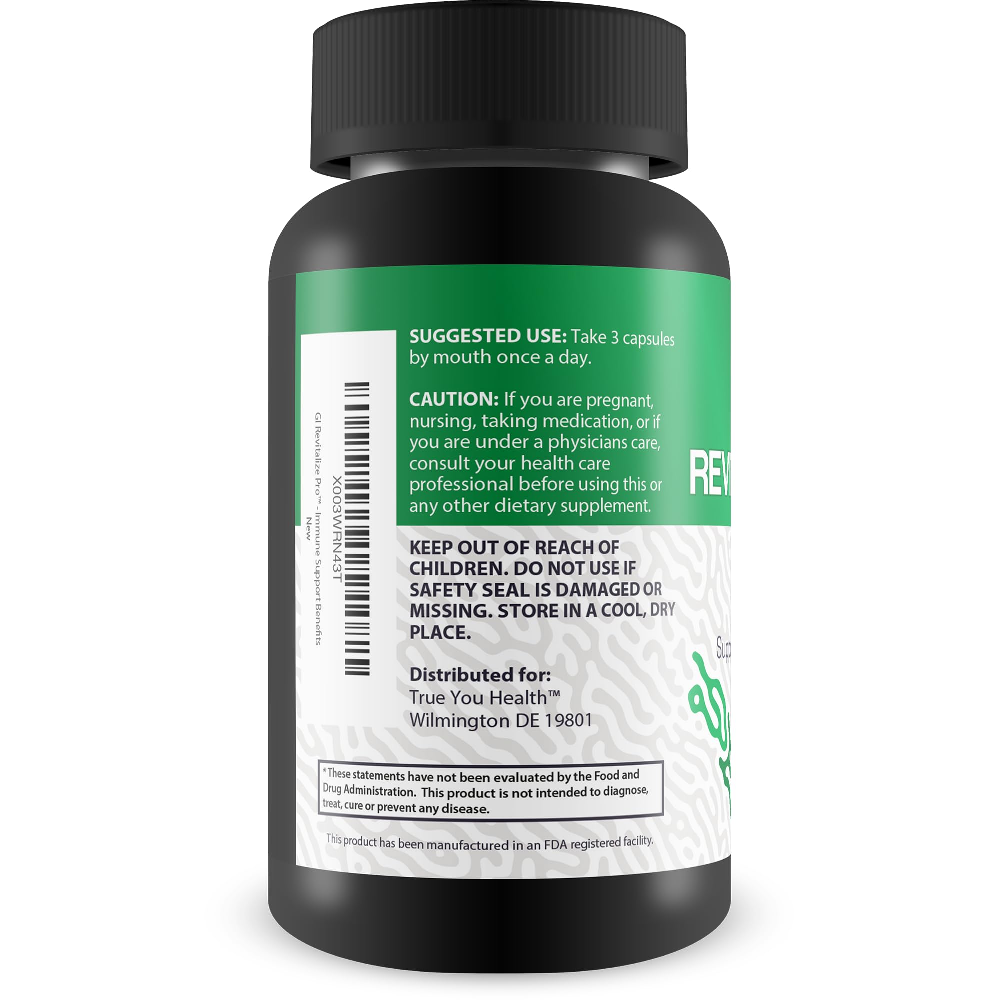 True You Health GI Revitalize Pro capsules closeup highlights gut-friendly fiber and vitamins.