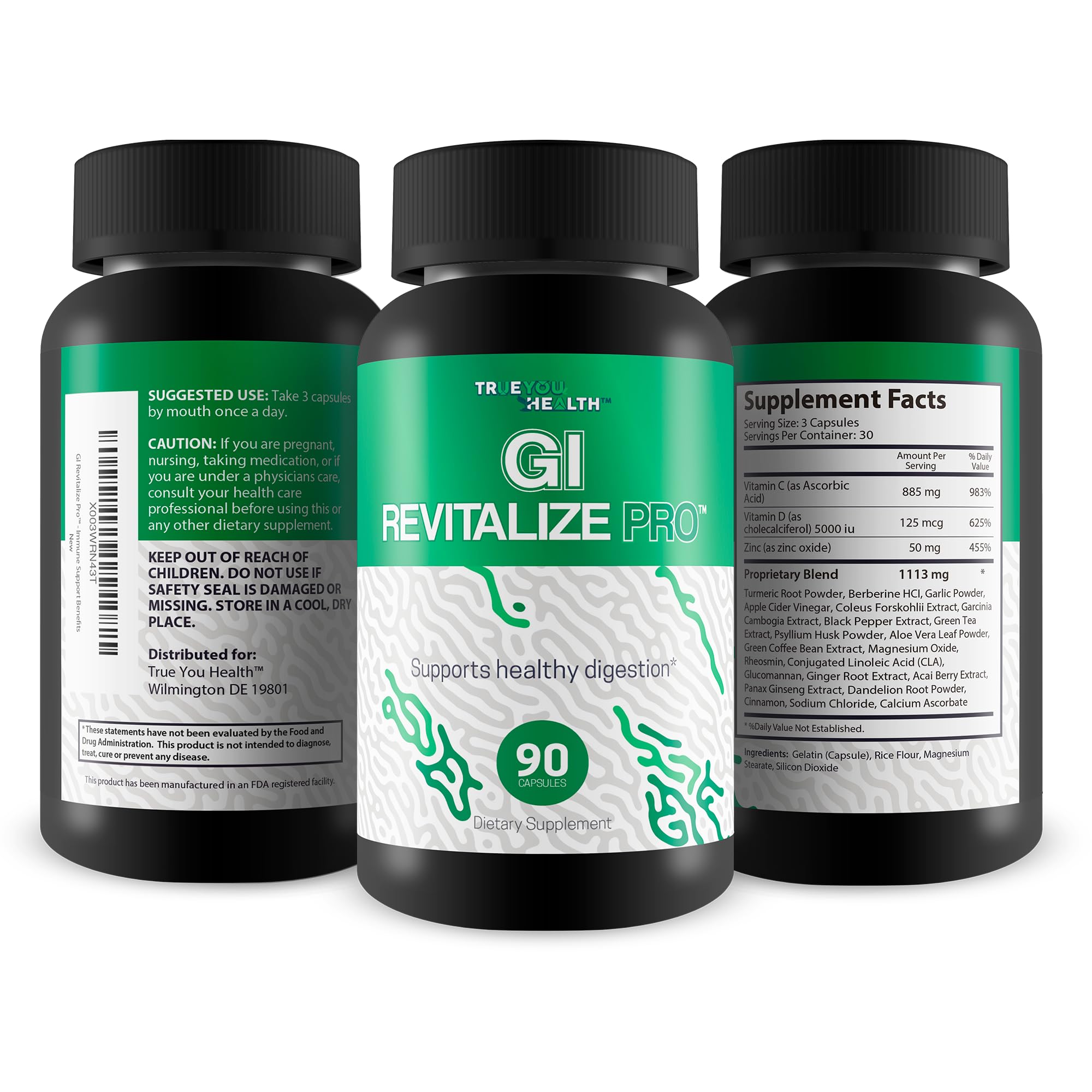 True You Health GI Revitalize Pro label detail shows premium ingredients and USA-made quality.