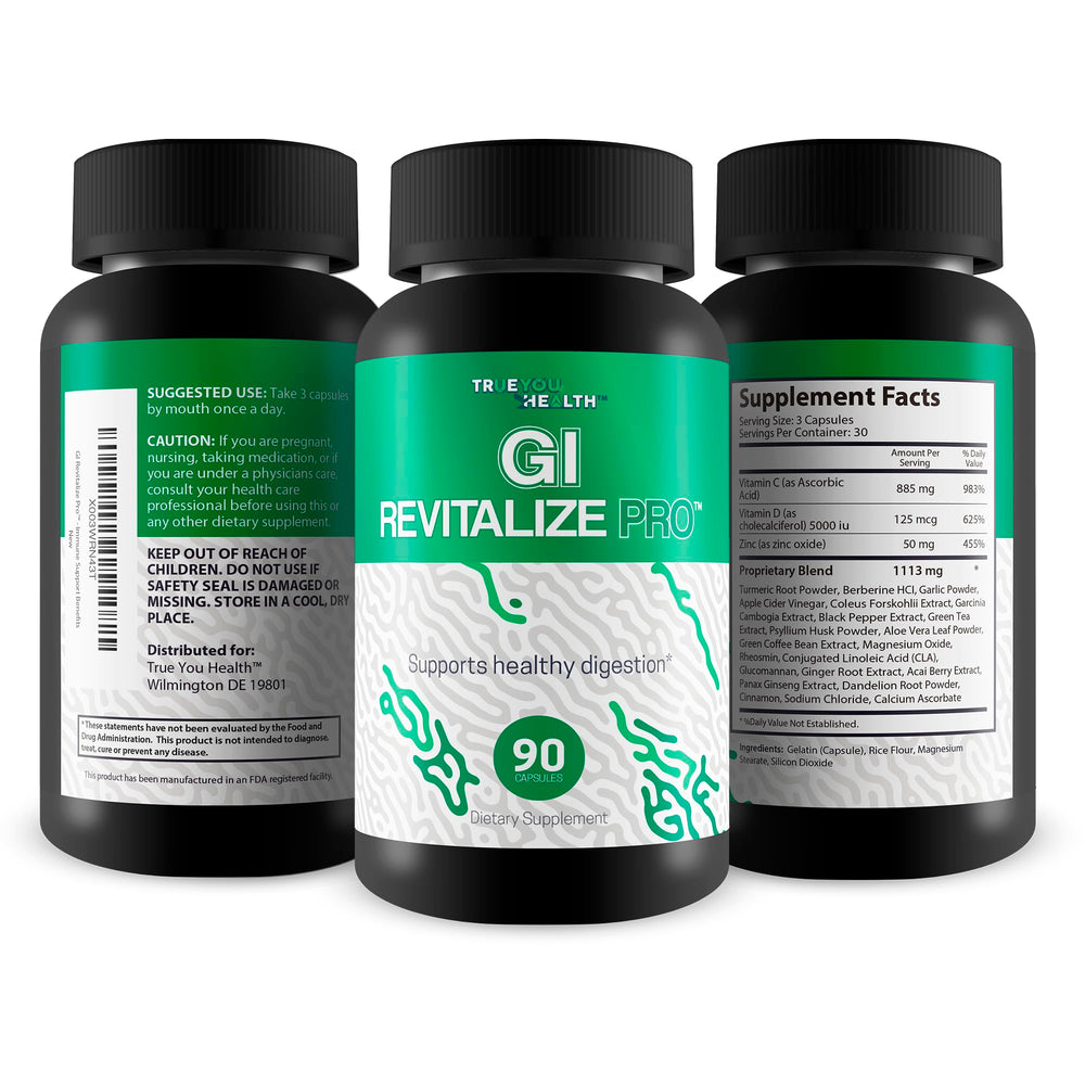 True You Health GI Revitalize Pro label detail shows premium ingredients and USA-made quality.