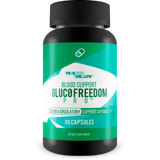 True You Health Gluc0 Freedom Pro bottle front for daily blood balance support.