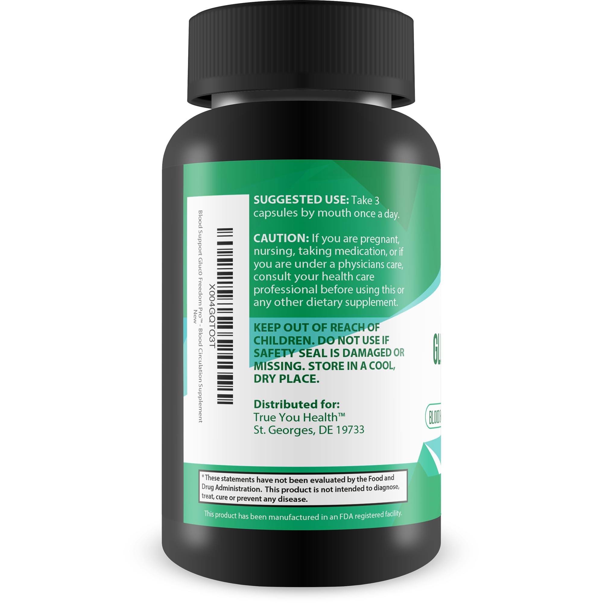 Close up of True You Health Gluc0 Freedom Pro capsules highlighting Berberine and Cinnamon.