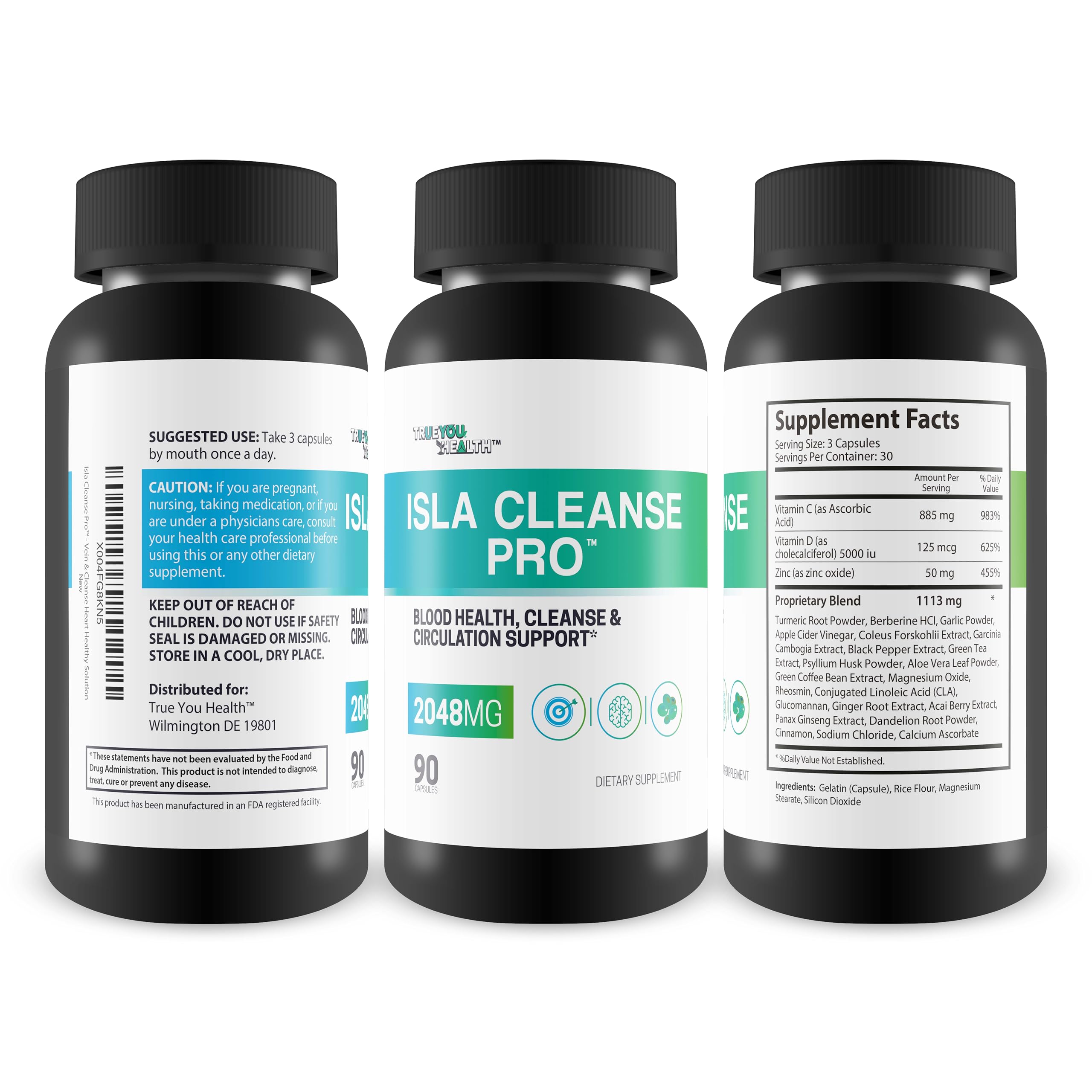 Isla Cleanse Pro capsules close-up showing dosing and supplement texture for circulation support