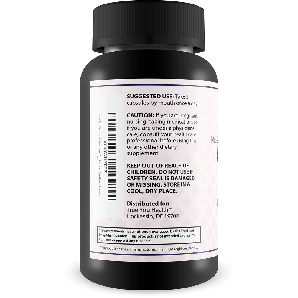 Max Ear Support packaging front emphasizes ear health benefits for adults.