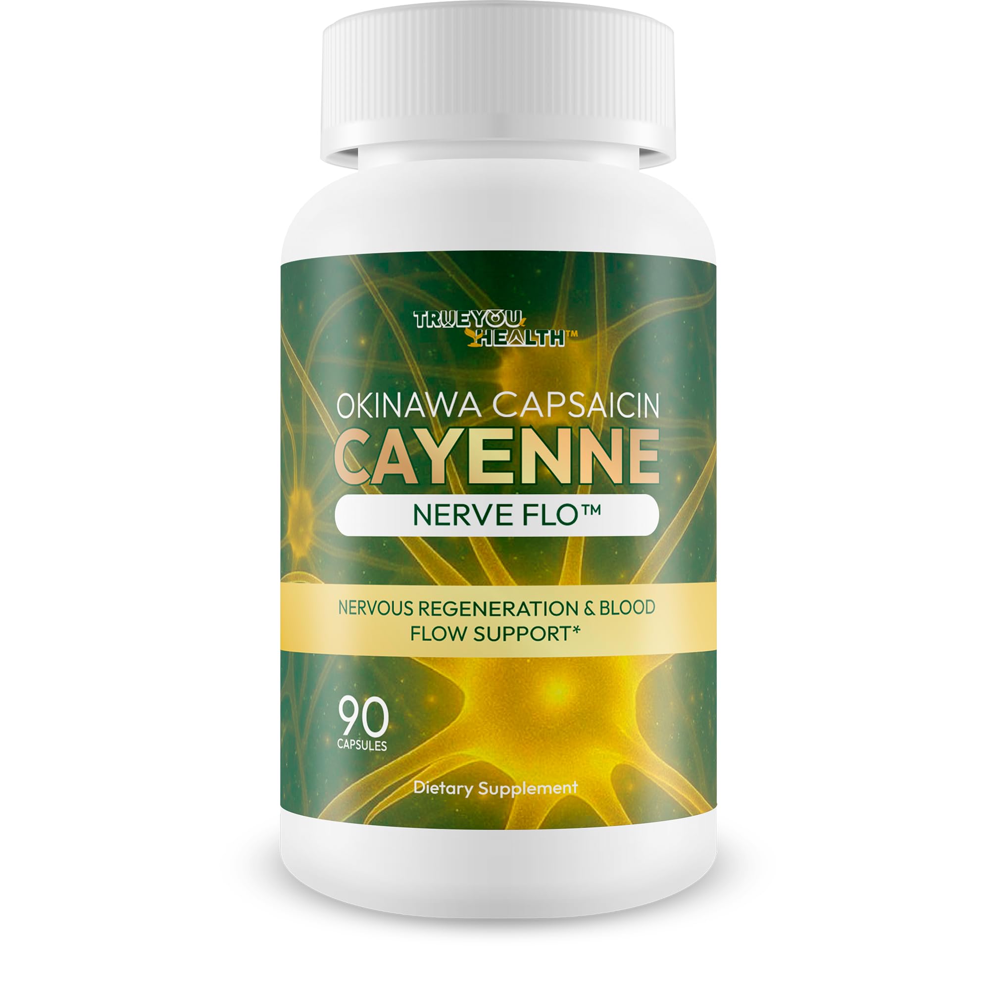 True You Health Okinawa Capsaicin Nerve Flo bottle promotes overall nerve support and daily wellness.