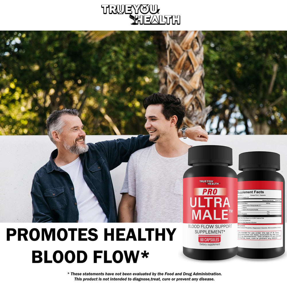 True You Health Pro Ultra Male bottle label showing blood flow support benefits.