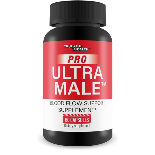 True You Health Pro Ultra Male bottle label highlighting blood flow support.