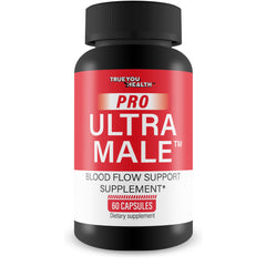 True You Health Pro Ultra Male bottle label highlighting blood flow support.