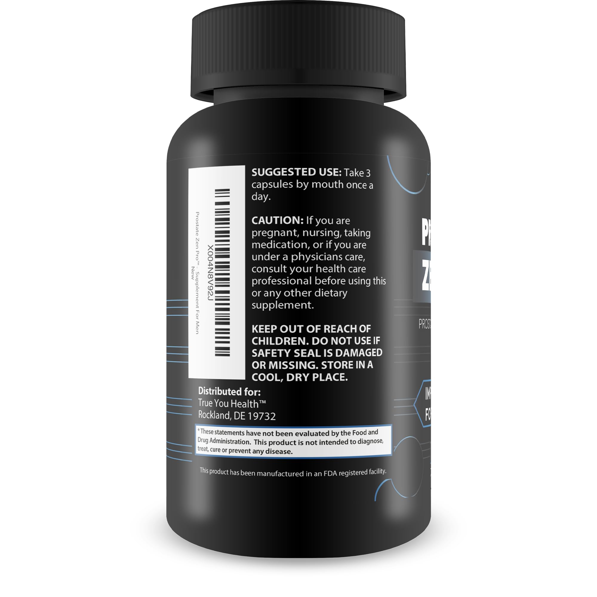 Close-up of Prostate Zen Pro label shows natural ingredients.