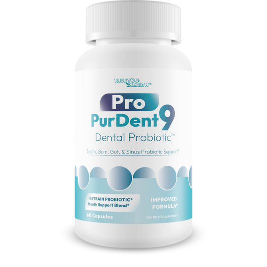 True You Health Pro PurDent9 bottle front highlighting 40 billion CFU and 11 probiotic strains for oral balance