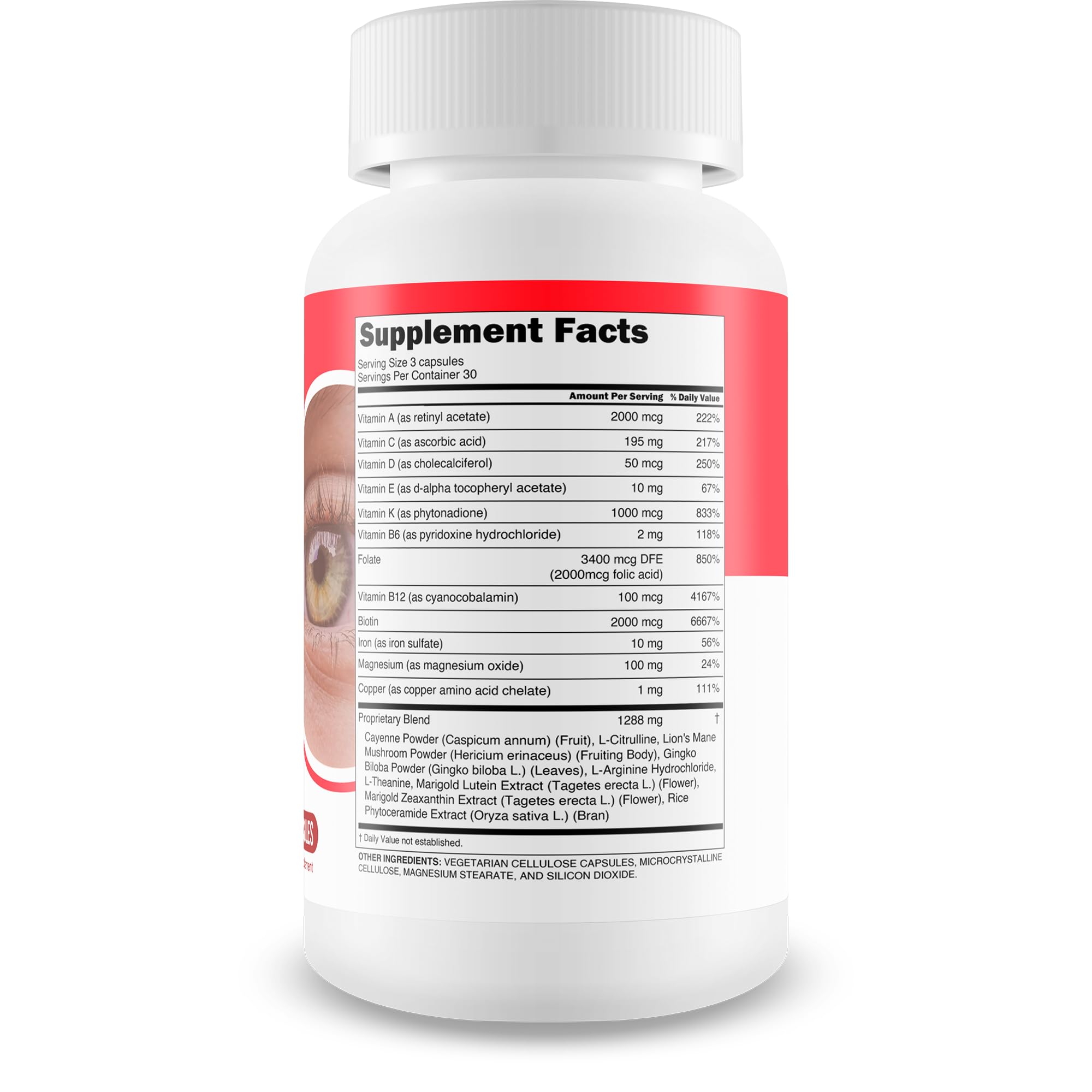 Close-up of Red Root Hack Vision capsules highlighting lutein and zeaxanthin support.