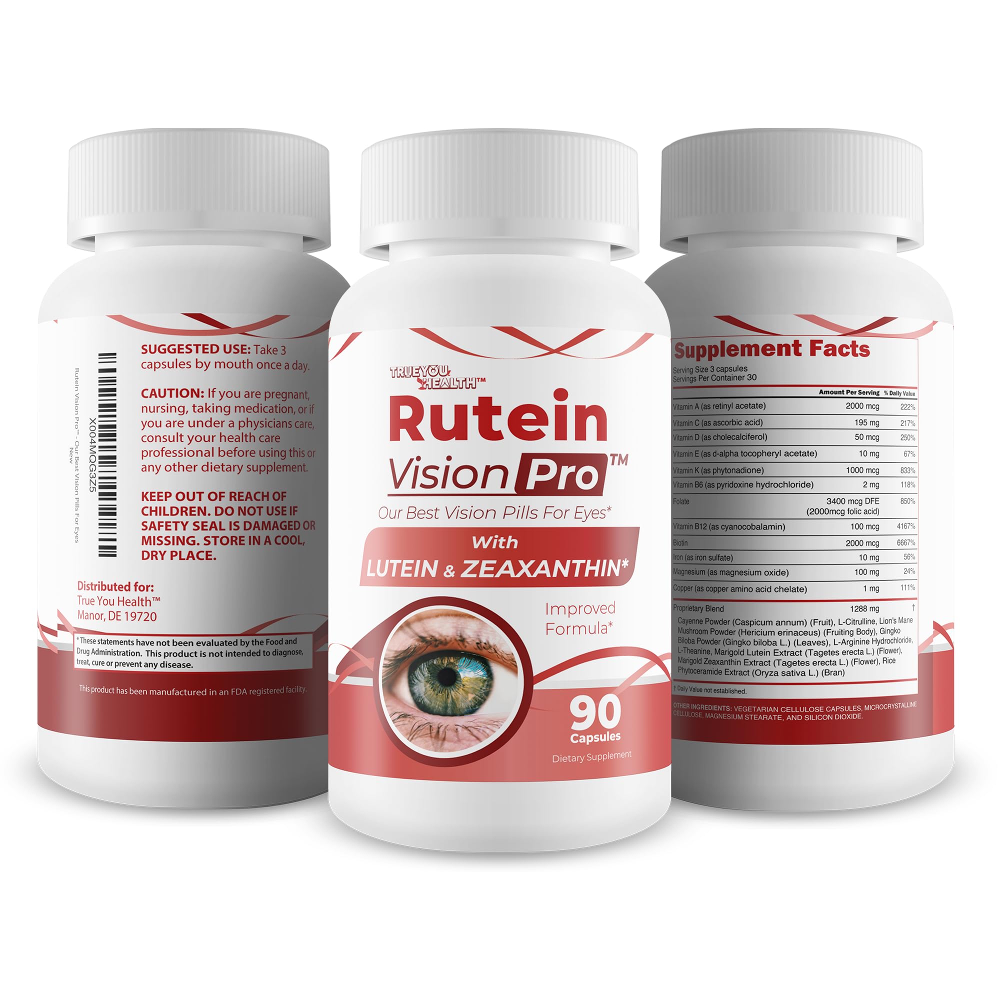 Close-up on digital devices and Rutein Vision Pro, indicating blue light support.